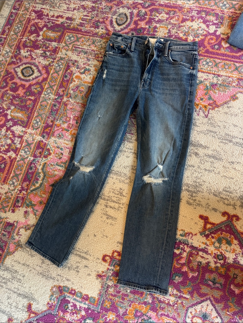 MOTHER Mid-Blue Ripped Ankle Crop Jeans